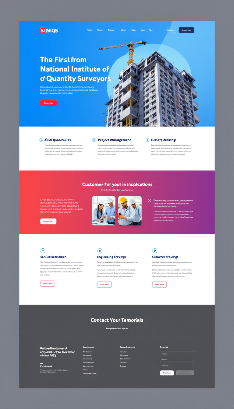 Create a simple, one-page website for the National Institute of Quantity Surveyors (NIQS) that highlights its services, including Bill of Quantities (BOQ), project management, and engineering drawings. The design should feature a clean navigation menu, a hero image slider, service descriptions with images, customer testimonials, a contact form, and a responsive layout, all while using a professional color palette to convey trust and authority.