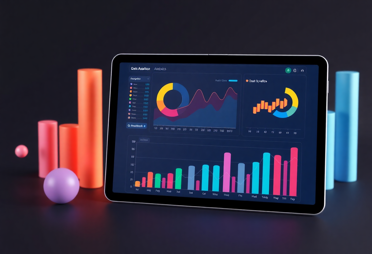 3d visualization of data analytics with colorful charts, graphs, and a tablet displaying analytics dashboard