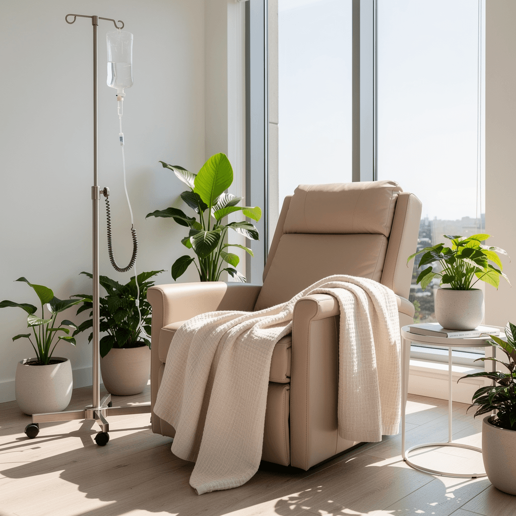 A reclined IV hydration chair beside a bright window, with a linen throw and potted plants