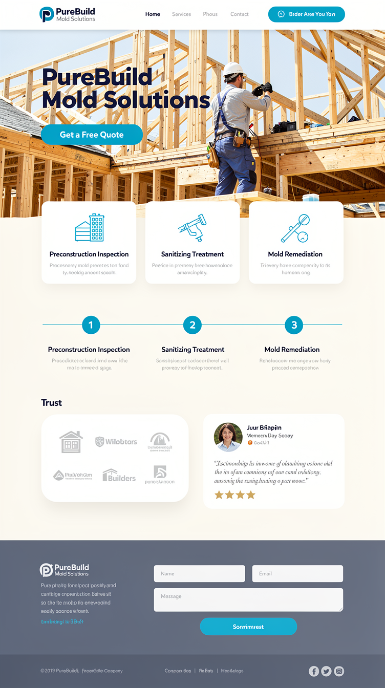 Homepage for "PureBuild Mold Solutions", a preconstruction mold prevention and sanitizing company serving new home builders and homeowners. Clean, clinical-yet-warm corporate trust design in ocean blue (#1e40af, #3b82f6) on off-white background. Bold confident sans-serif headline in hero over a wide photo of a bright new home construction frame with a technician inspecting; single primary CTA button "Get a Free Quote". Below: a 3-icon services strip (Preconstruction Inspection, Sanitizing Treatment, Mold Remediation), a horizontal step-by-step process timeline with numbered circles, a trust section with builder logos and a testimonial card, and a footer with contact form. Generous whitespace, rounded cards, soft shadows, modern grid layout.