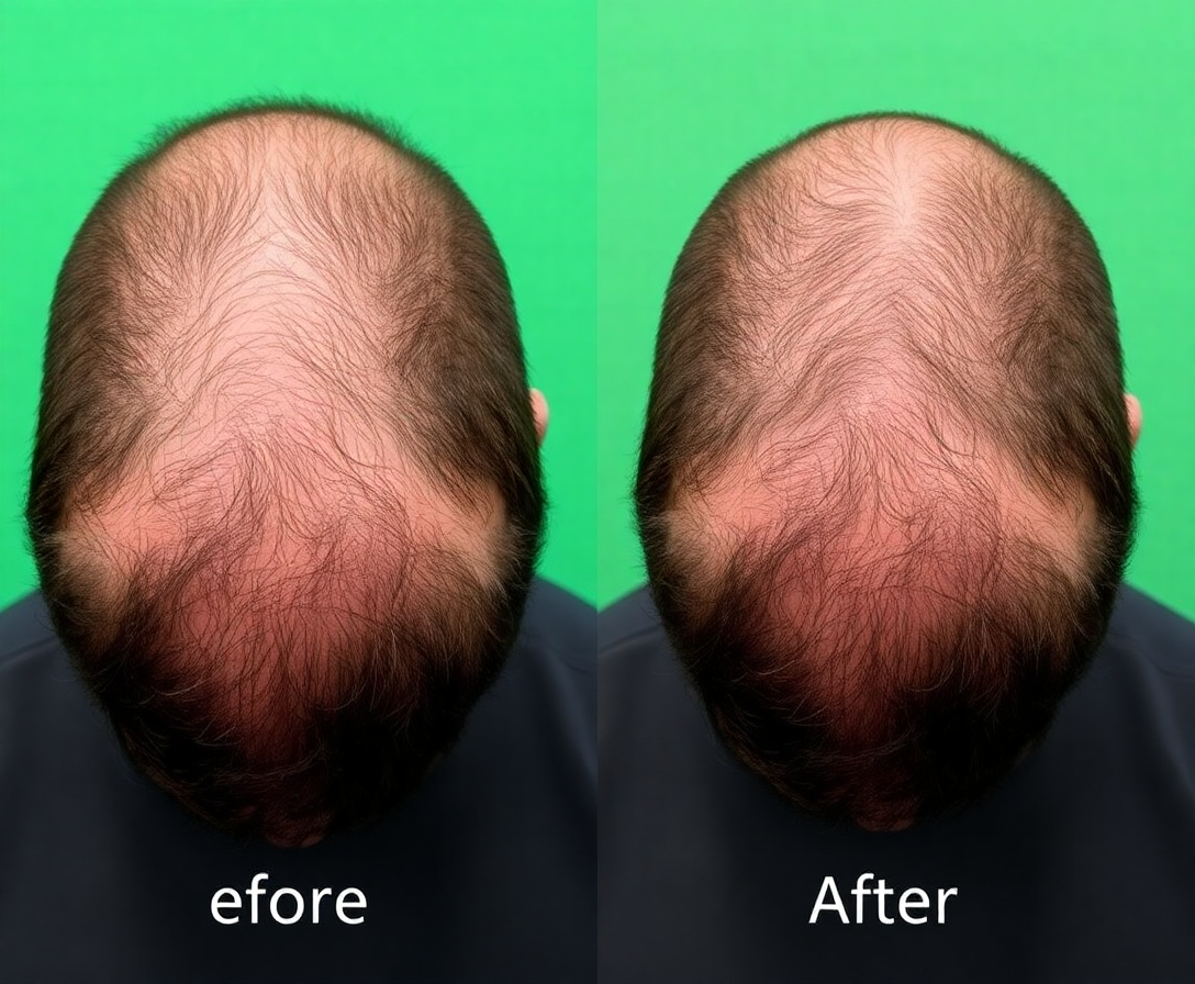 before and after comparison of a male patient showing significant hair growth after transplant