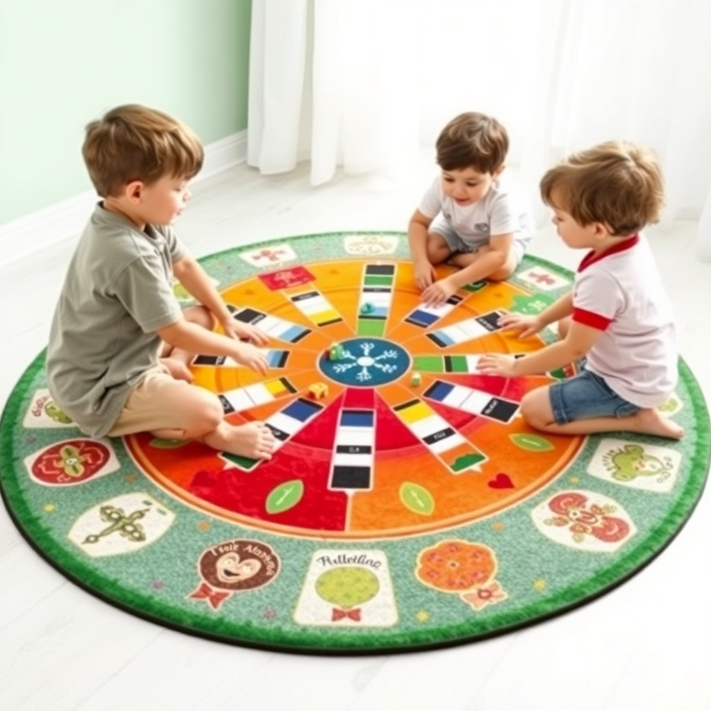 children playing on a colorful ludo carpet game mat, showcasing the product's fun and interactive nature