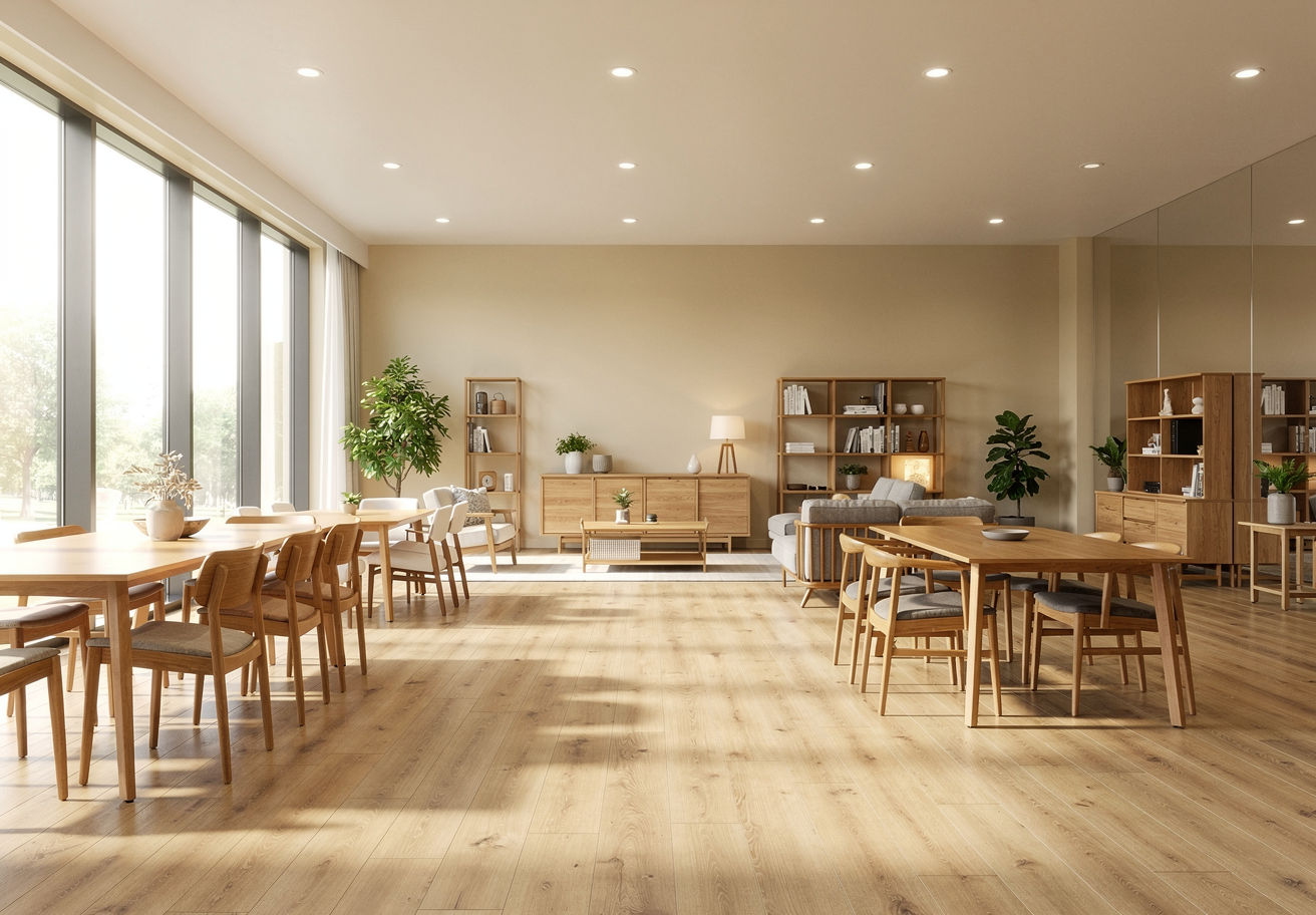 Photorealistic bright furniture showroom interior with wooden furniture displays, natural sunlight, warm inviting atmosphere, spacious layout, high detail interior photography