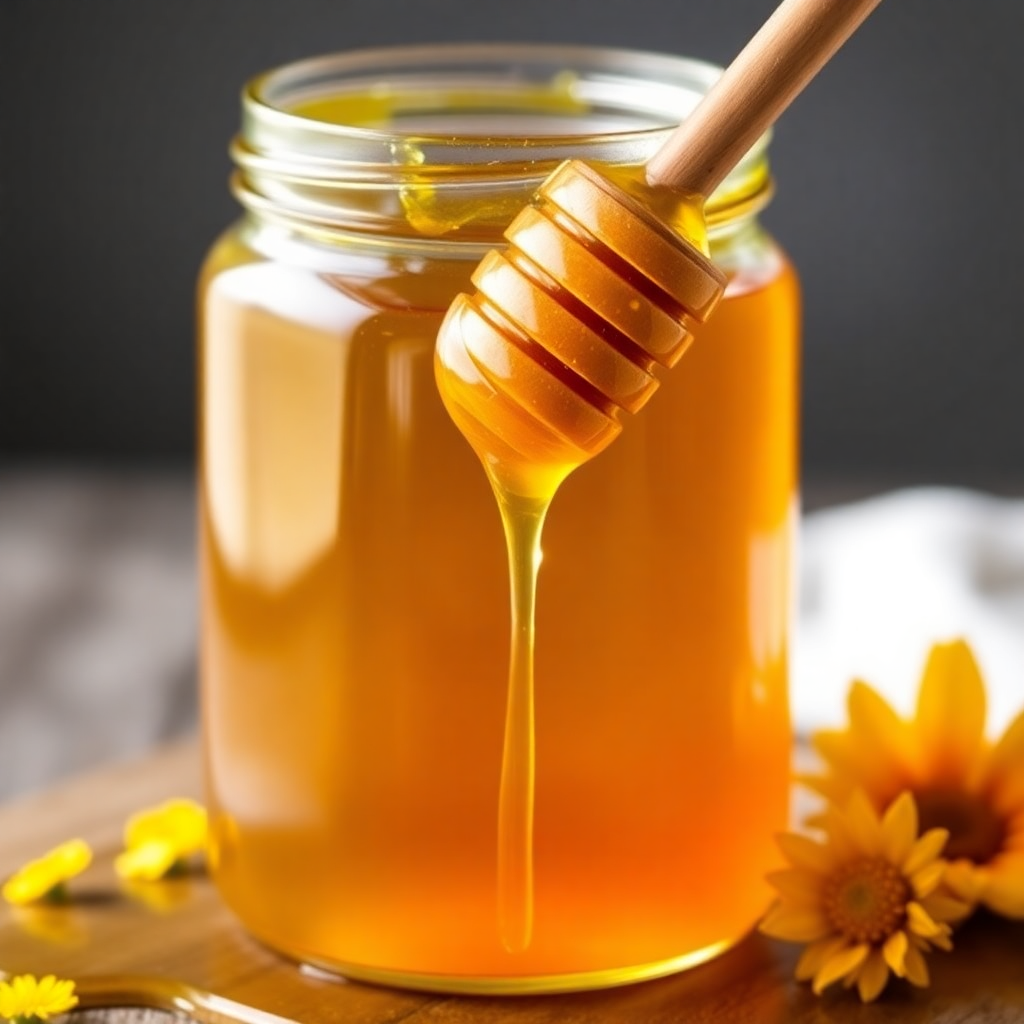 jar of golden wildflower honey with a wooden dipper dripping honey