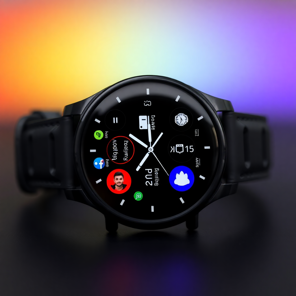 sleek black pamex smartwatch with a vibrant display showing various apps and features