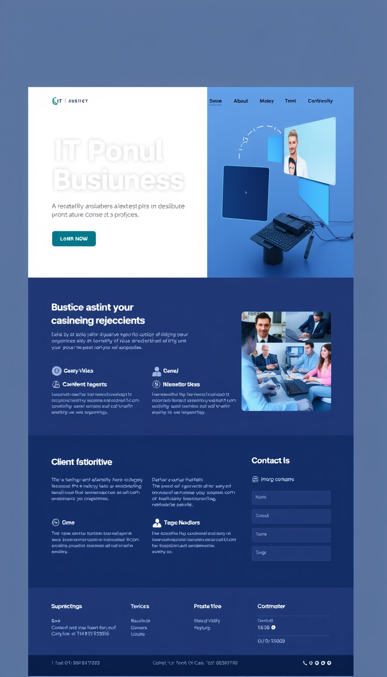 Design a one-page website for an IT consulting business, featuring a clean layout with sections for services, client testimonials, and contact information. Include a professional color scheme and modern typography.