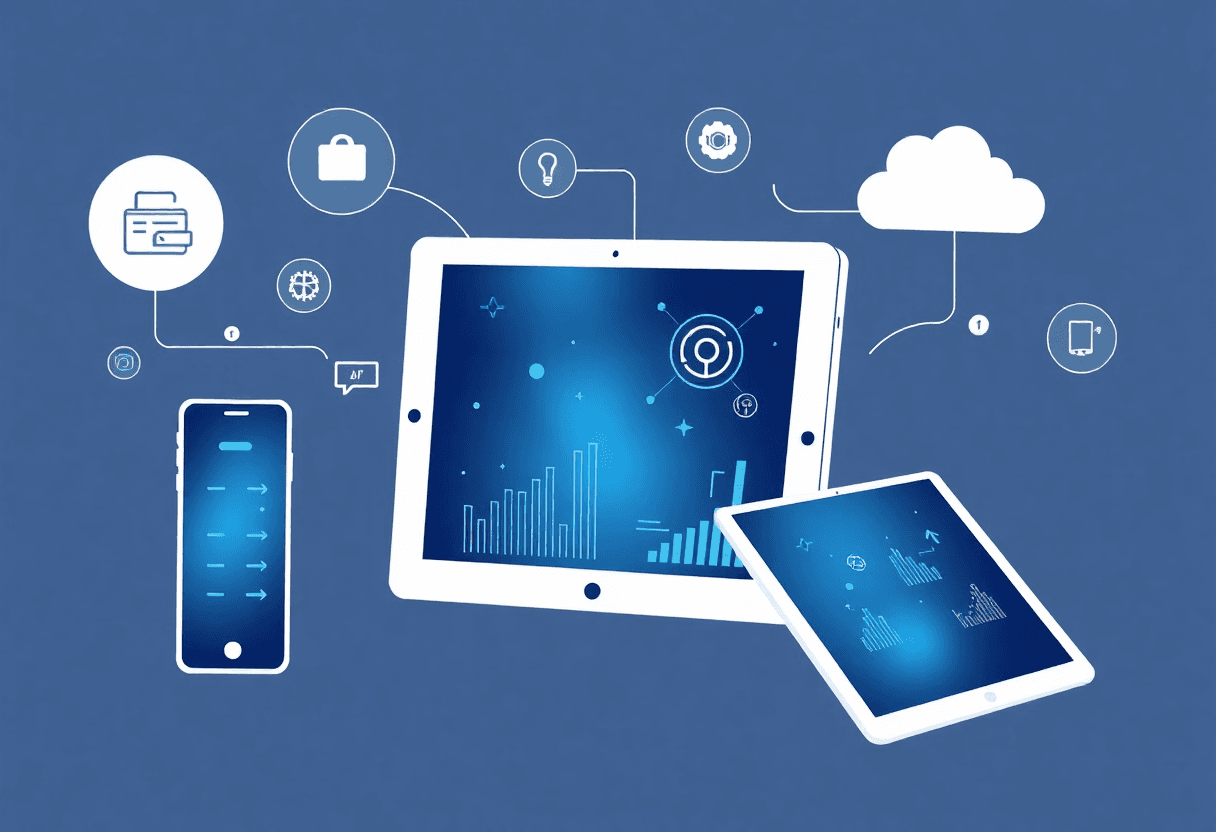ilustração de dispositivos móveis e tablet mostrando soluções digitais inteligentes para negócios