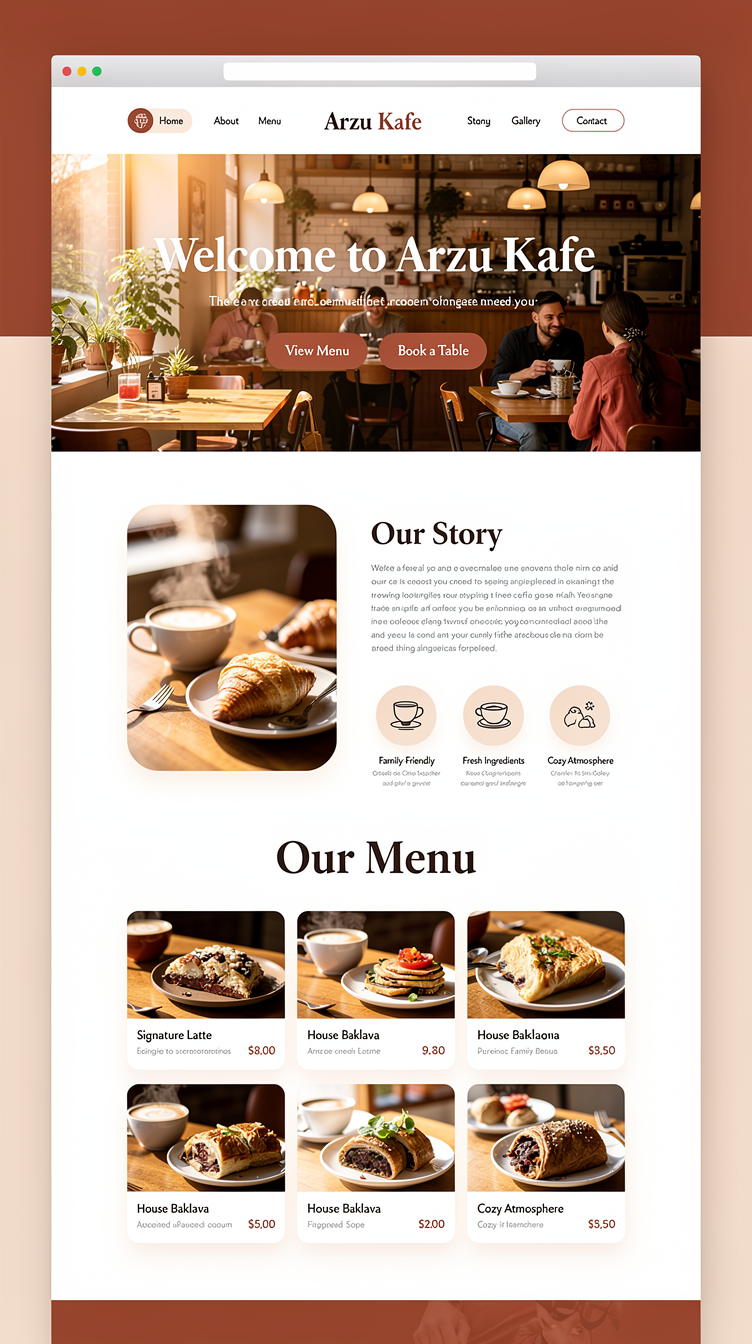 Full-page website homepage mockup for "Arzu Kafe", a cozy warm family-friendly cafe. Terracotta palette: deep #7c2d12, bright #ea580c accents, soft #fed7aa backgrounds, warm off-whites. Full-bleed hero photo of cafe interior with a bold serif display headline "Welcome to Arzu Kafe" and rounded terracotta CTA buttons. Centered logo header with top nav. Sections flow: split about section with icon feature row, menu shown as photo cards in a grid, masonry gallery, contact block with map, feedback form. Elegant editorial serif headings paired with clean sans body, generous whitespace, soft shadows, rounded corners. Warm, inviting, premium restaurant feel.