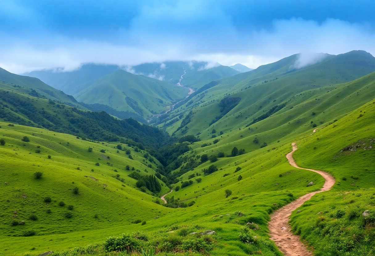 lush green valley with a winding path, representing cupendia's hiking trails