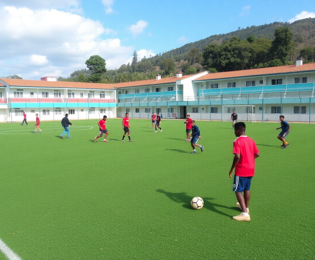 ts'ekelo lecsa high school sports field with students playing soccer