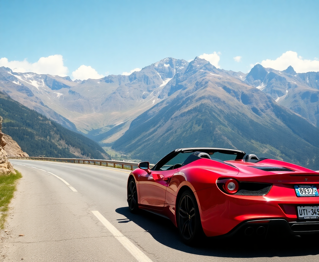 red sports car on a scenic mountain road, showcasing the excitement of renting a vehicle