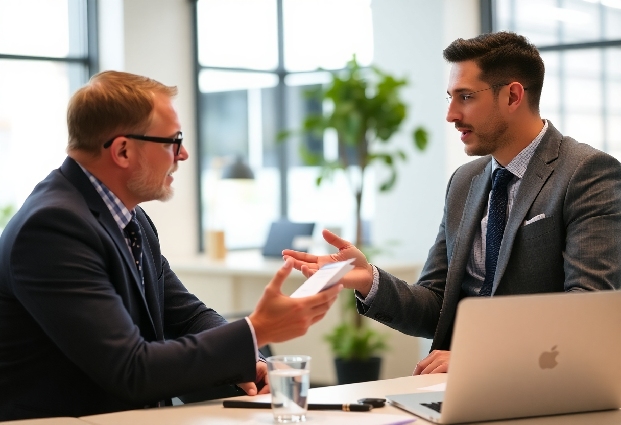 two professionals discussing strategy in an office setting