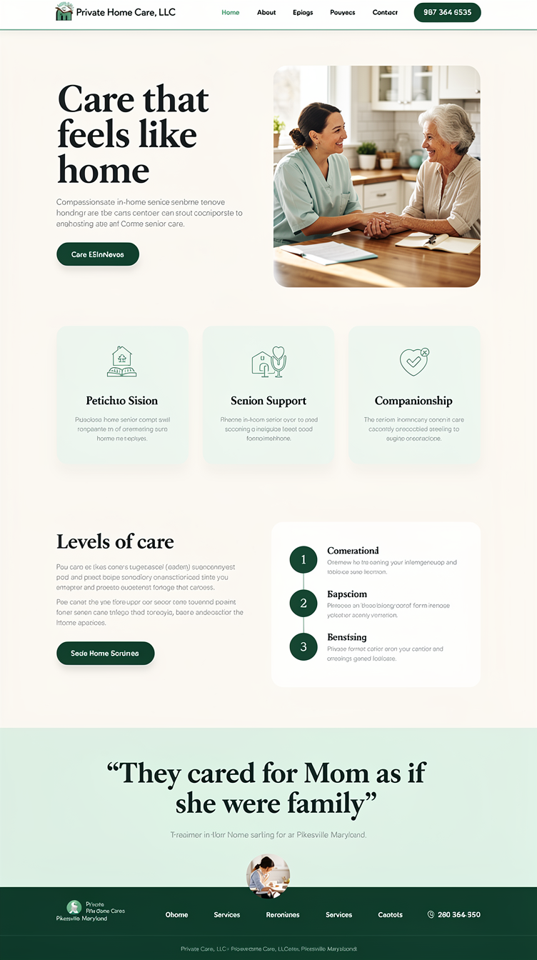 Full-page website mockup for "Private Home Care, LLC", a premium in-home senior care agency in Pikesville, Maryland. Direction: warm editorial calm — an asymmetric hero with a large high-contrast serif display headline ("Care that feels like home") on an off-white canvas, overlapped by a tall rounded photograph of a caregiver holding an elderly woman's hands, deep emerald #064e3b accents and soft mint #d1fae5 tint blocks. Section flow: slim nav with phone number, hero, three-up service cards with thin outlined icons, a split "levels of care" section with a numbered list, a full-bleed mint testimonial band with an oversized quote, a consultation request form on a dark emerald panel, compact footer with hours. Typography: editorial serif headings plus clean grotesque body; generous whitespace, 24px radii, subtle shadows.