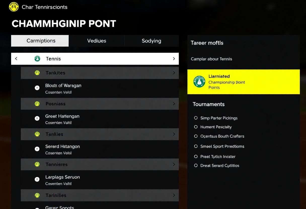 screenshot of the championship points career mode interface showing various tennis disciplines and tournament options
