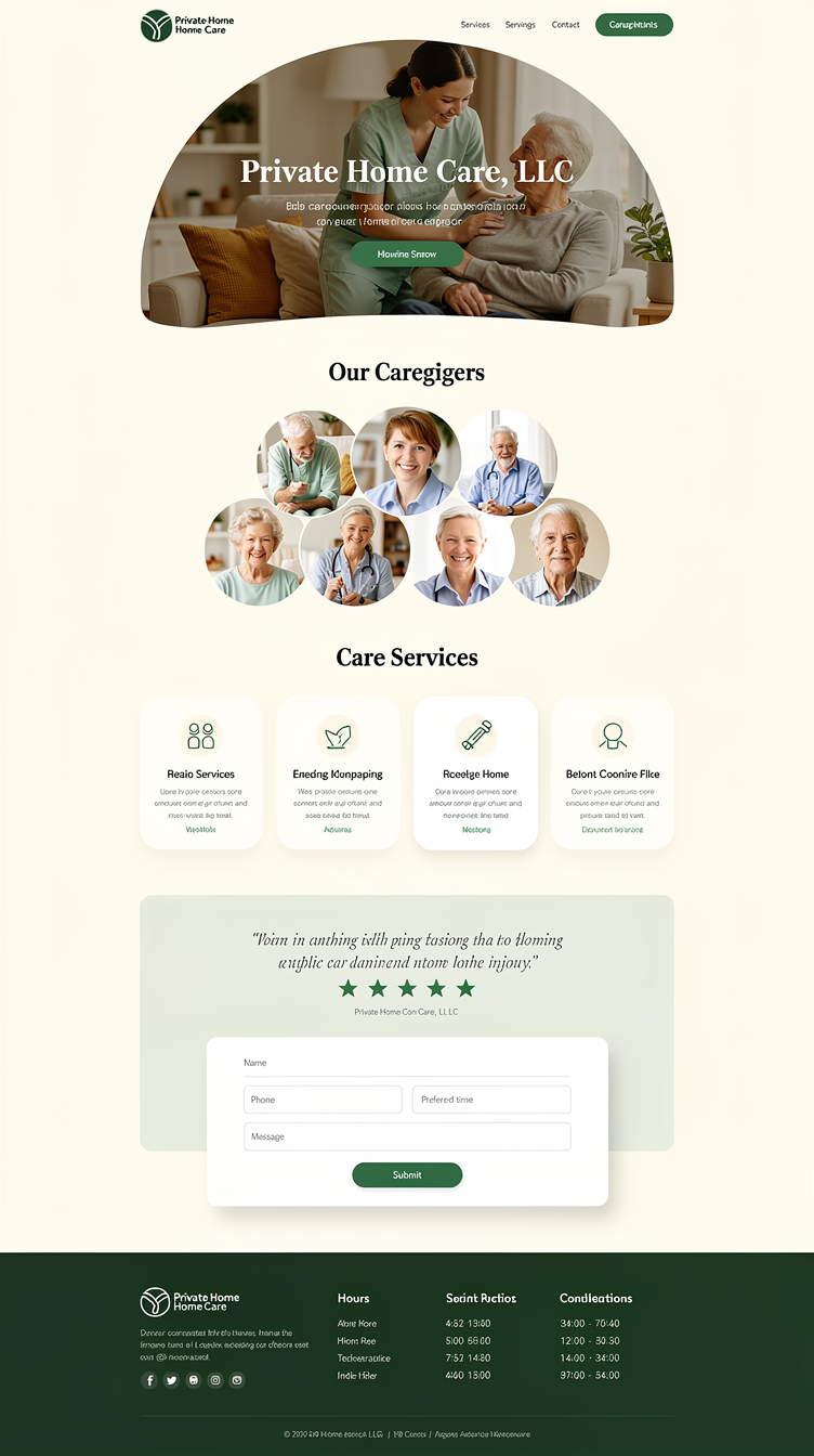 Full-page website mockup for "Private Home Care, LLC", an in-home senior care agency. Direction: soft organic and human — cream #faf8f4 background, arch-topped and circular photo crops of caregivers with seniors, muted sage and emerald palette with #10b981 highlights. Centered hero: medium-weight humanist serif headline, short supporting paragraph, pill CTA, wide arch-topped photograph beneath. Sections: overlapping circular portrait collage for "our caregivers", a card grid of care services with soft shadows on cream, a pale sage quote section with a five-star rating, an inset rounded consultation form card, and a warm dark-green footer with hours. Typography: humanist serif headings, rounded sans body; very generous whitespace, pill buttons, gentle shadows.