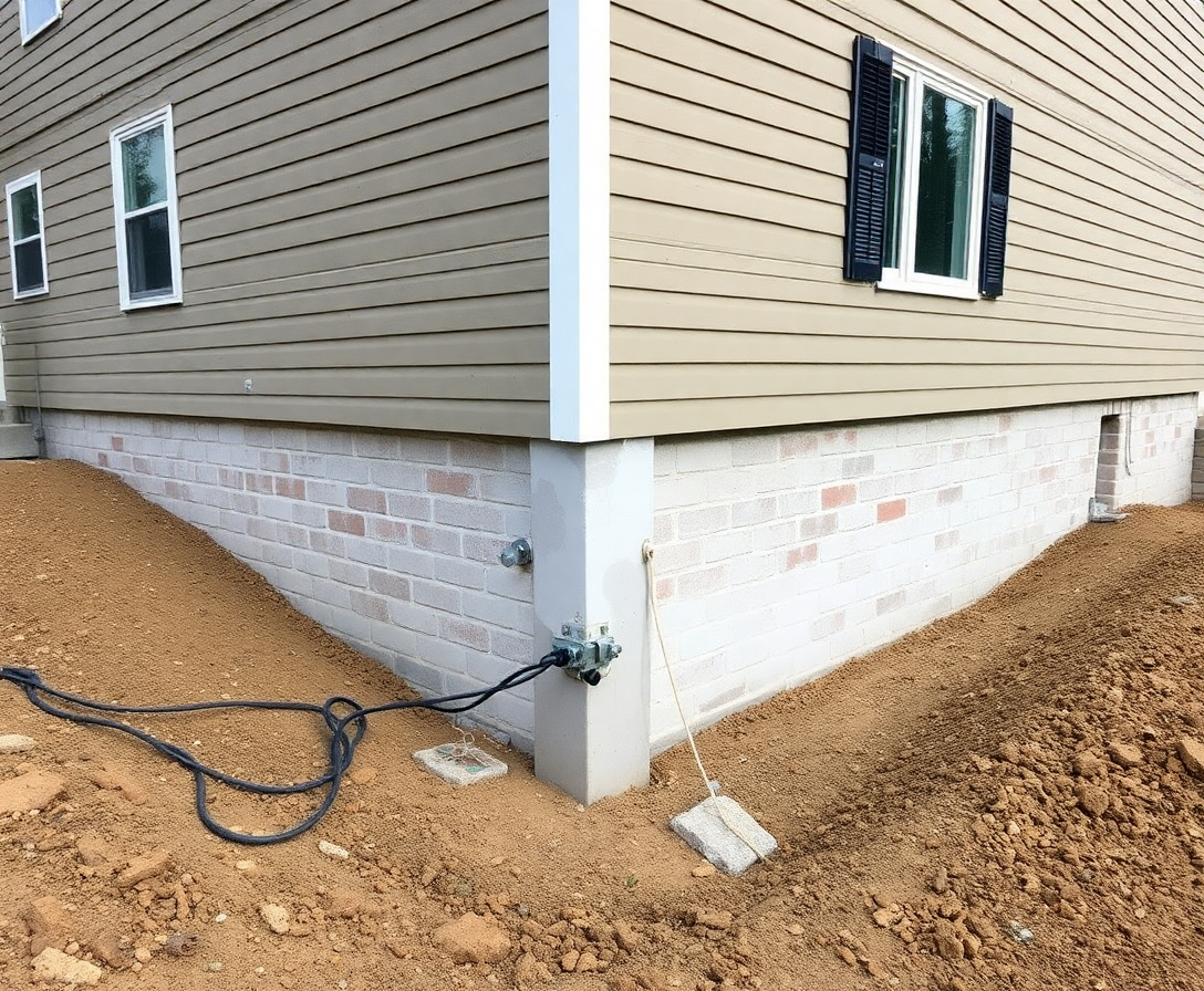 push pier installation for a residential building with visible foundation issues