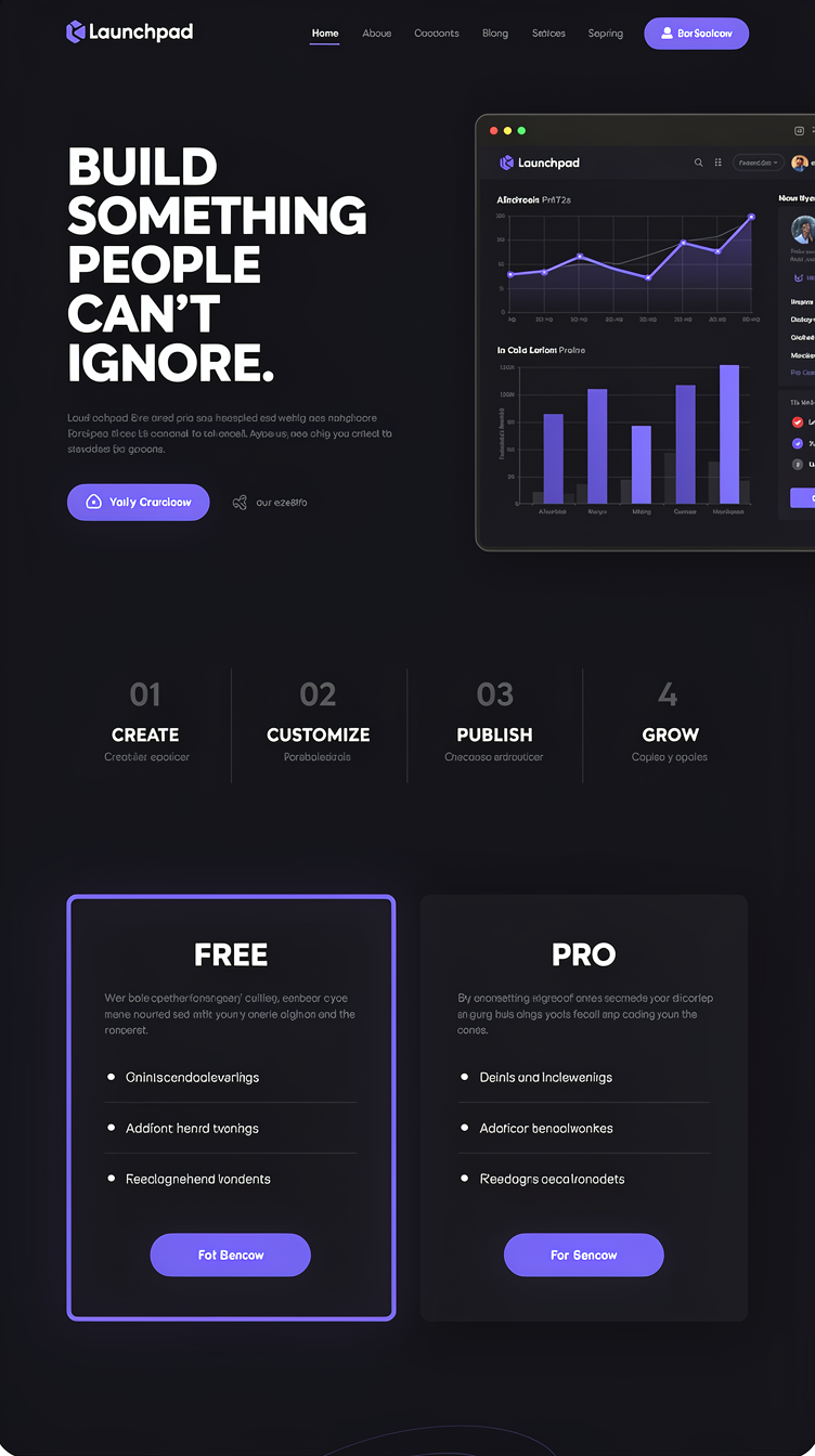 Bold editorial dark-mode landing page for "Launchpad" startup. Almost entirely deep midnight #0f172a background throughout, off-white #e2e8f0 text, single vivid indigo-blue accent glowing on buttons and small icon details only. Oversized tight-tracked display headline "Build something people can't ignore." left-aligned, product dashboard mockup on the right rendered as a dark-themed browser window with glowing accent charts. Feature section uses a horizontal scrolling-feel row of four numbered cards (Create, Customize, Publish, Grow) with thin hairline dividers instead of boxes. Pricing section shown as two side-by-side dark cards with the Free plan highlighted by a thin accent border. Minimal, confident, lots of negative space, small caps labels, monospace numbering accents, no photography, no gradients.