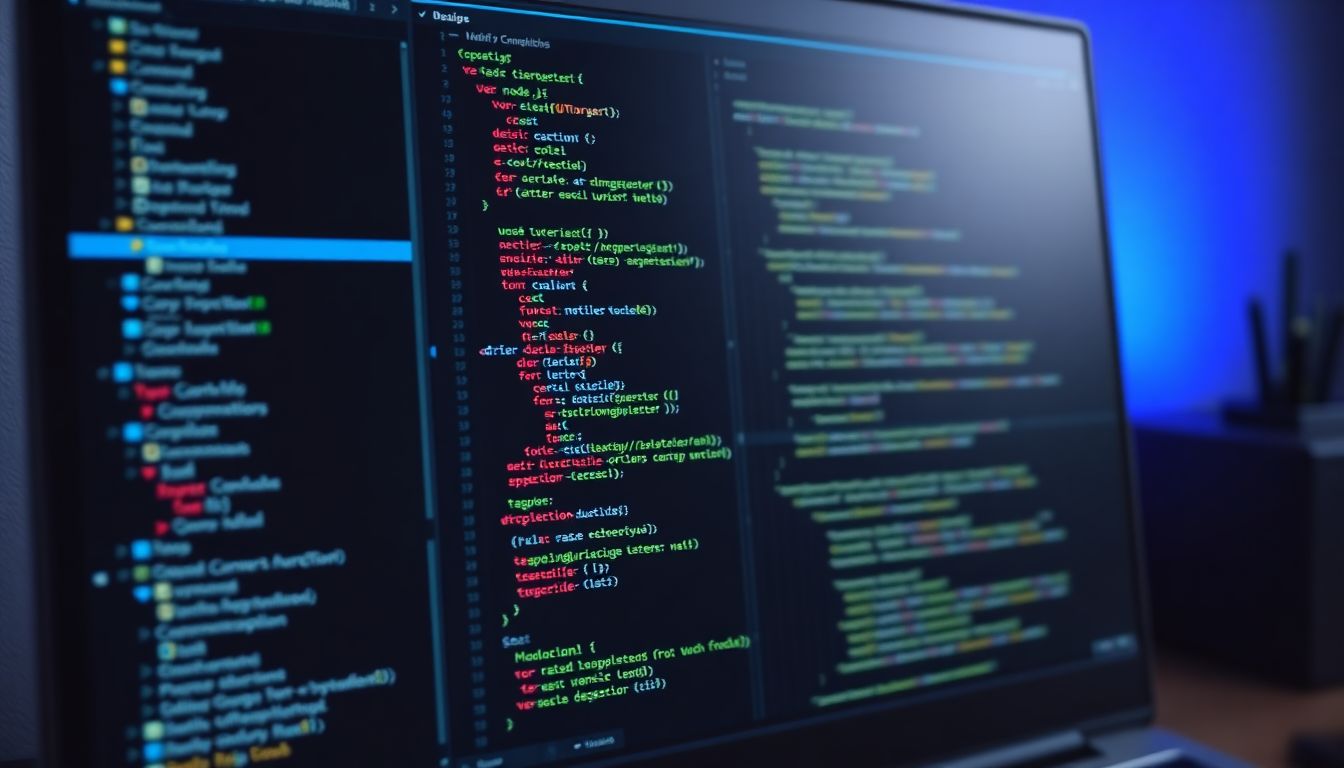 a desktop computer displaying a code editor with node.js and typescript code, showcasing the it consulting services offered by uesdife