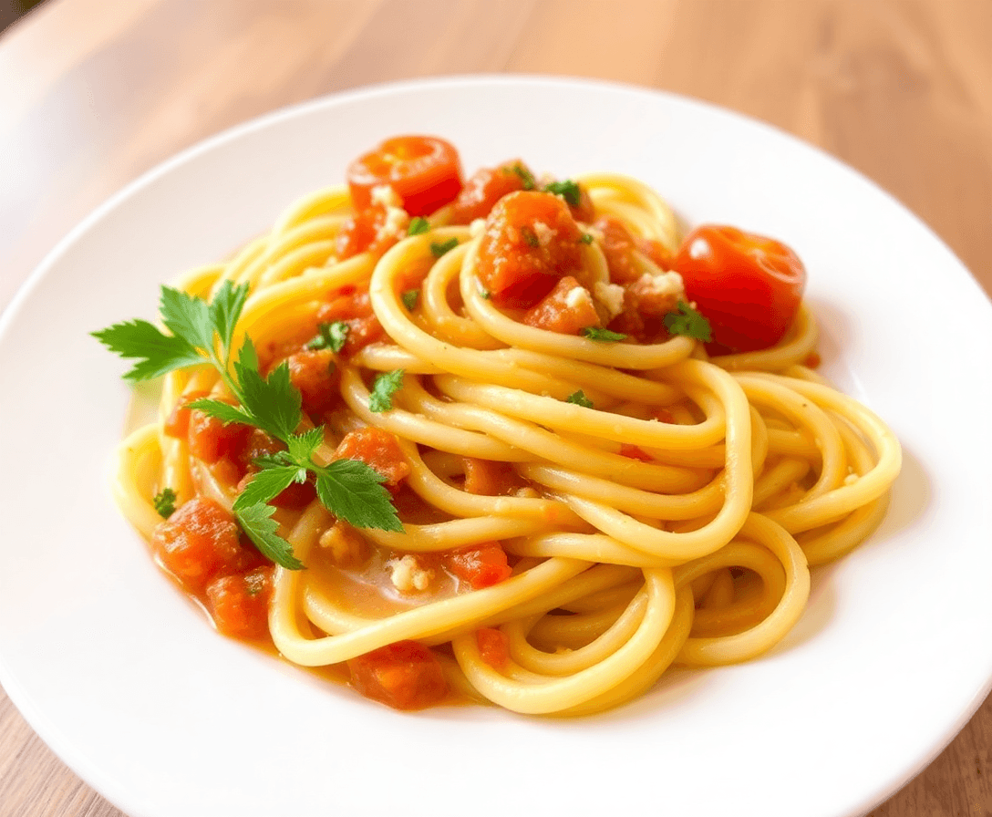 plato de pasta con salsa y hierbas, presentado de manera elegante