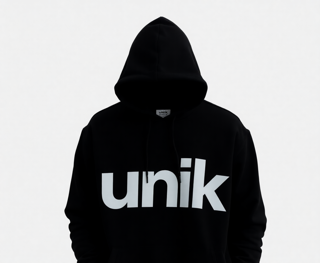 black hoodie with unik brand name in large print