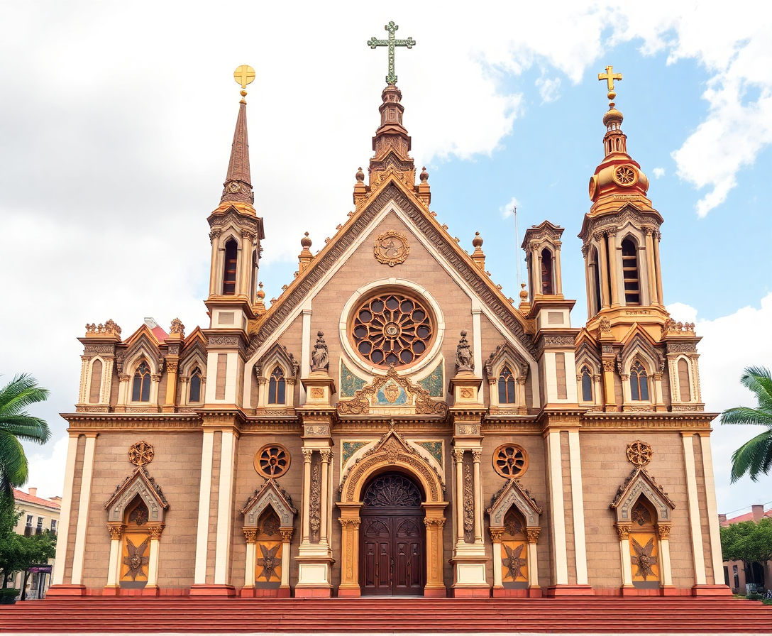 artistic representation of st. joseph ethiopian catholic church in addis ababa, featuring ornate architecture with ethiopian and catholic influences