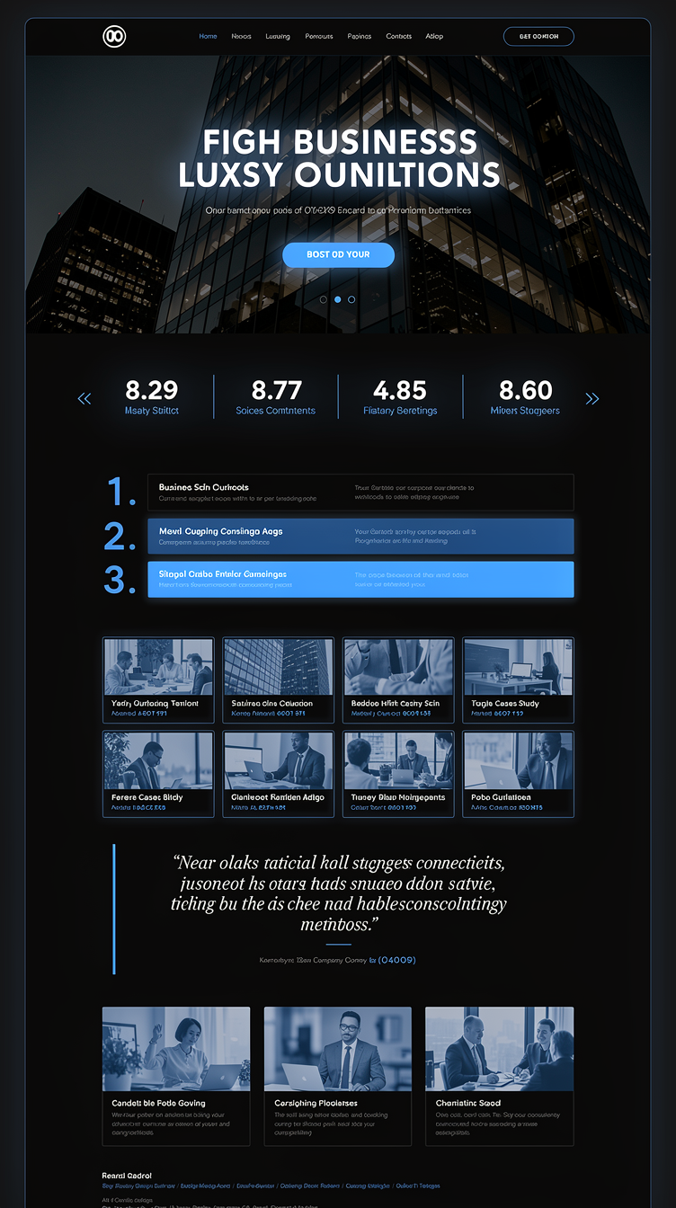 Full-page homepage mockup for a business consulting firm, dark-first luxury direction: near-black midnight background with electric blue accents and pale ice-blue text, a full-bleed hero photograph of a glass office tower overlaid with a huge tight-tracked sans-serif headline split across two lines, thin blue keyline borders and a glowing blue CTA. Sections flow as: horizontal scrolling stat marquee, numbered service list rows with hover blue fill, a duotone blue gallery grid, quote-style testimonial in large italic type, blog cards with blue category chips, and a contact block with a map panel. High contrast, cinematic, lots of negative space.