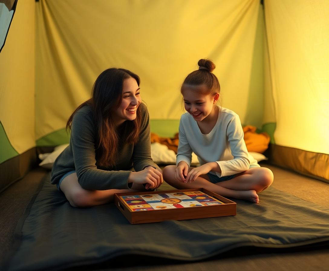 a mother and daughter smiling while playing a board game on the foldable mat in a dimly lit room, possibly during a camping trip