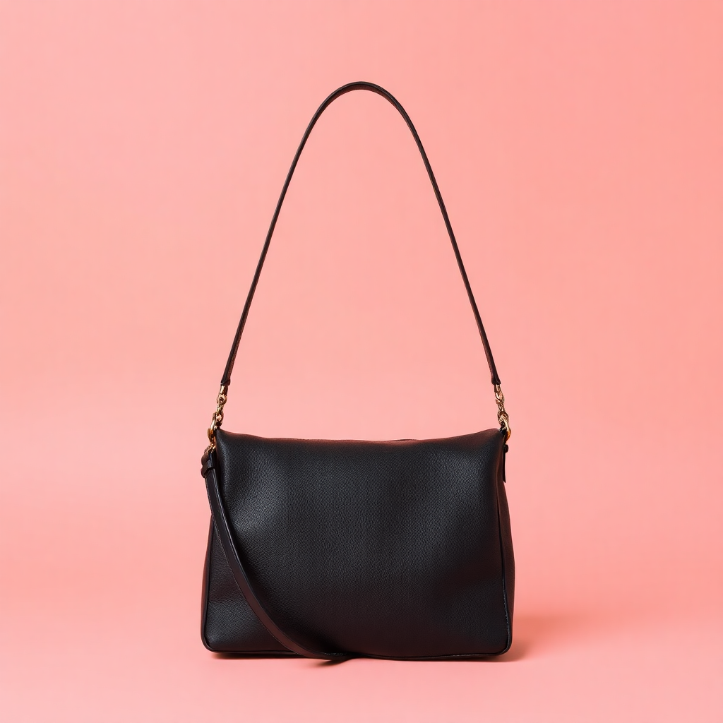black leather handbag on peach background