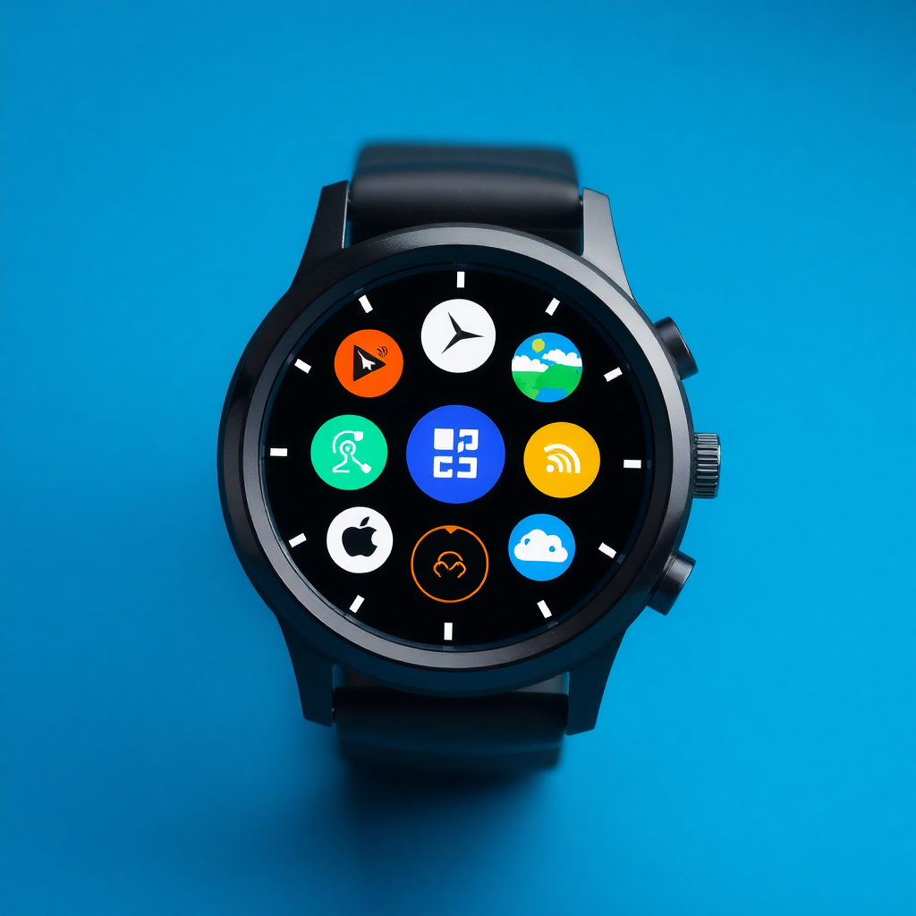 black modern smartwatch with multiple app icons on its screen, showcasing its versatility and advanced features