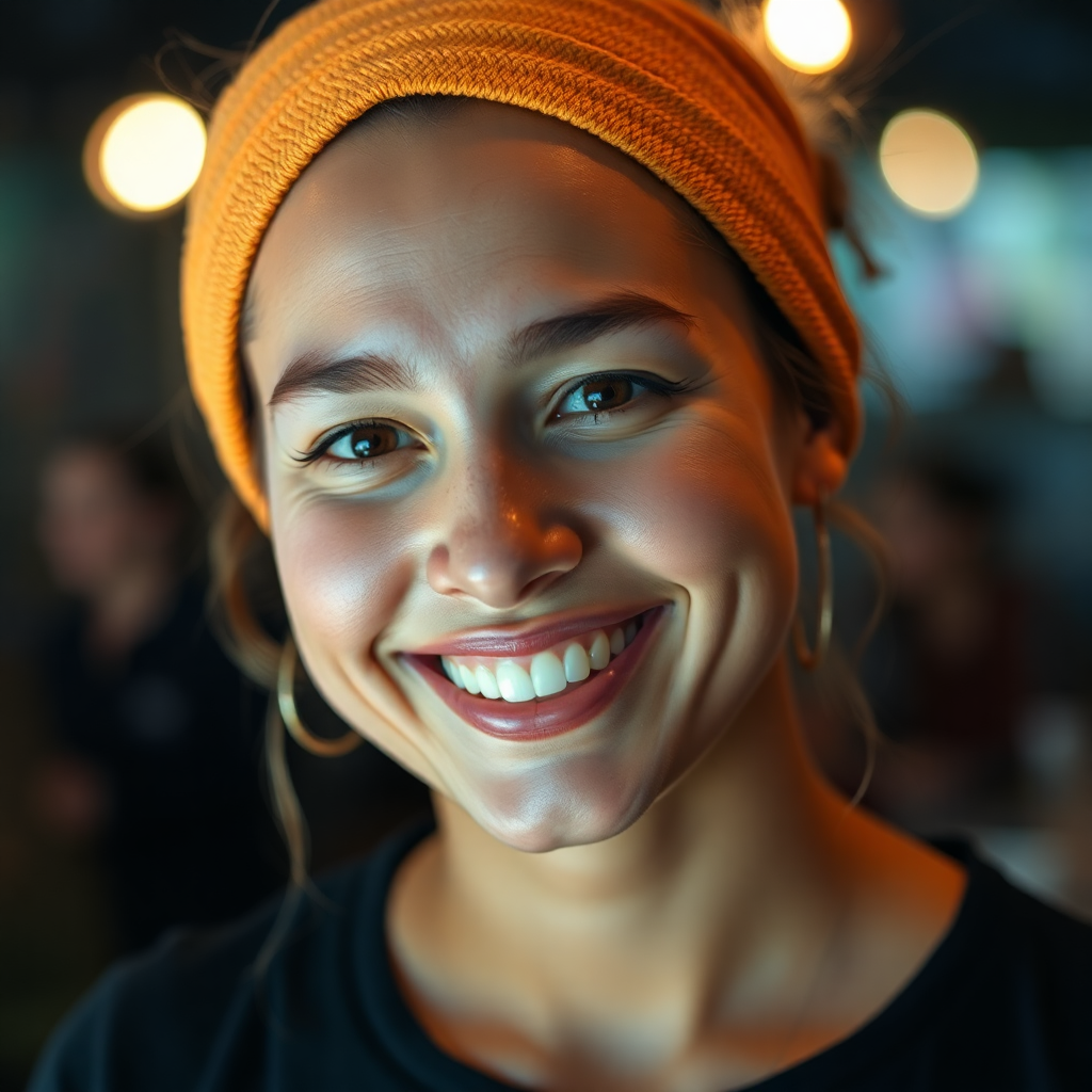 portrait of a smiling customer with radiant skin in low light
