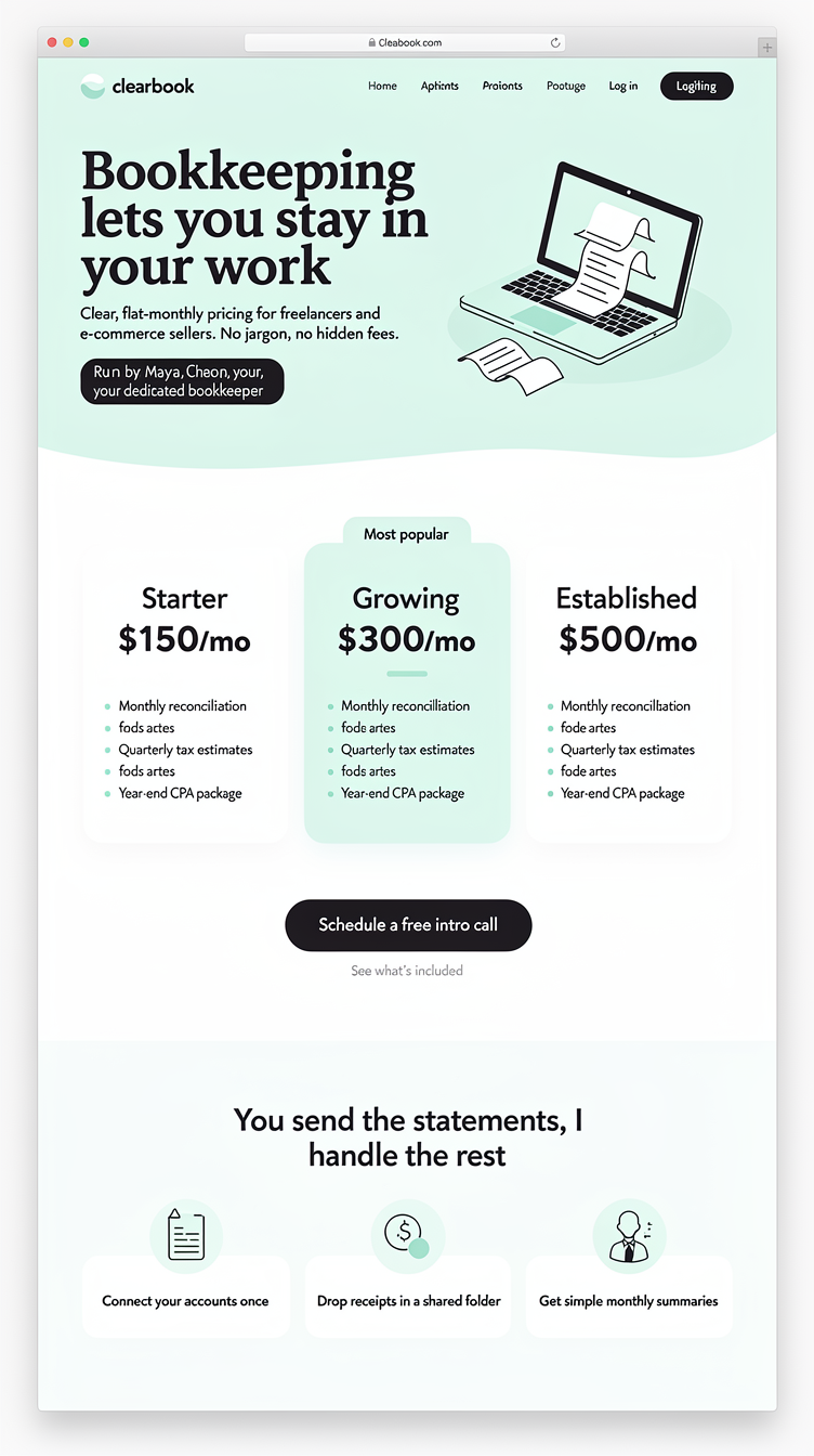 One-page homepage for Clearbook, Maya Chen’s solo online bookkeeping practice for freelancers and e-commerce sellers, with a hero that explains who it’s for, a clear flat-monthly pricing promise (Starter $150/mo, Growing $300/mo, Established $500/mo) including monthly reconciliation, quarterly tax estimates, and year-end CPA packages, and a section showing how hands-off the service is. Modern, friendly mint-green and charcoal palette, rounded shapes, plain-language copy, clean layout with large pricing cards and a simple CTA — no corporate jargon.