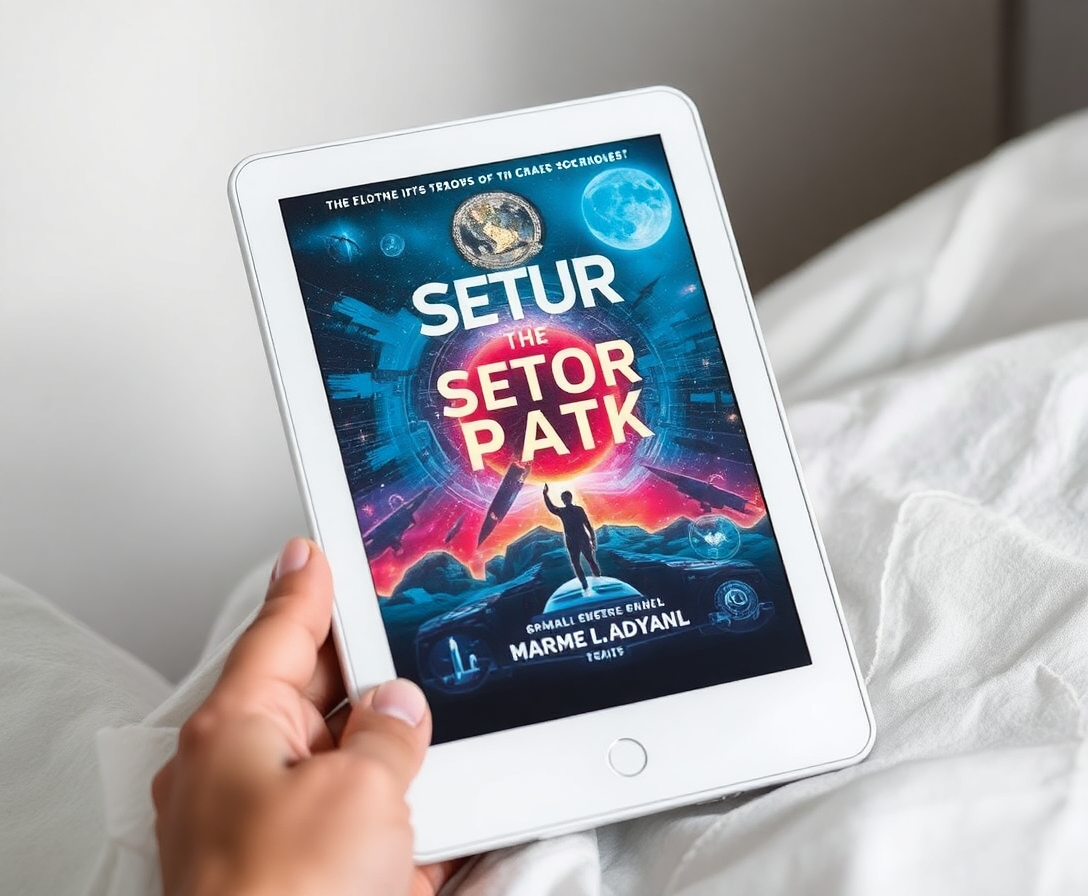 e-reader showing a sci-fi book cover with futuristic elements