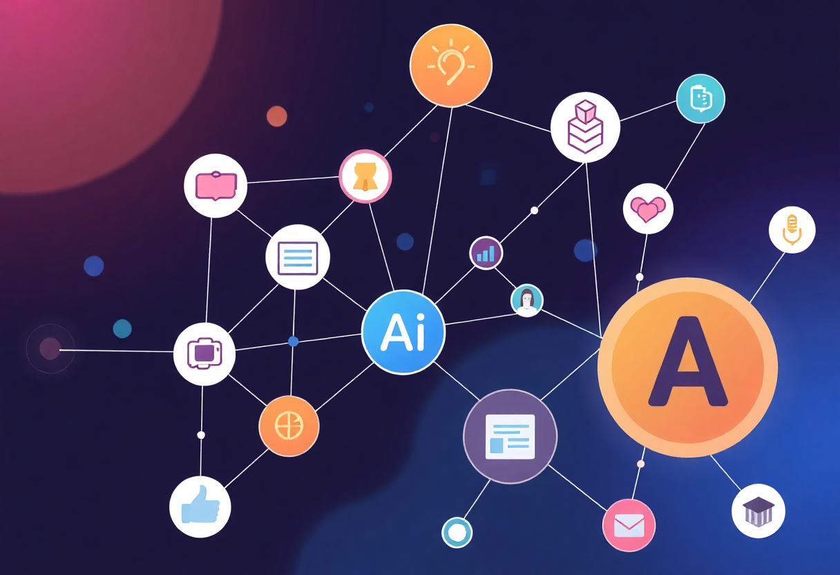 illustration showing ai tools ecosystem with connecting nodes and interactive elements