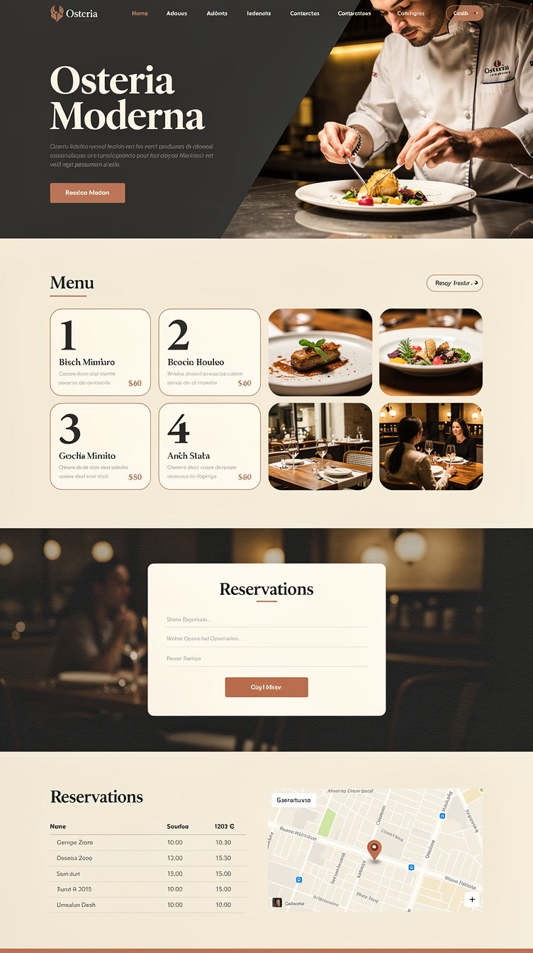 Homepage for "Osteria Moderna" italian restaurant, warm charcoal and cream palette with terracotta accent. Asymmetric layout: hero split diagonally between a bold headline on dark charcoal background and a full-height photo of a chef plating food. Menu section styled like a magazine spread with numbered dish cards on a cream background. Gallery shown as an overlapping collage grid of photos with rounded corners. Reservation section as a centered card floating over a dark textured background with warm ambient lighting photo behind it. Footer with opening hours displayed as an elegant table alongside an embedded-style map block. Elegant serif headlines, refined sans body text, lots of negative space.