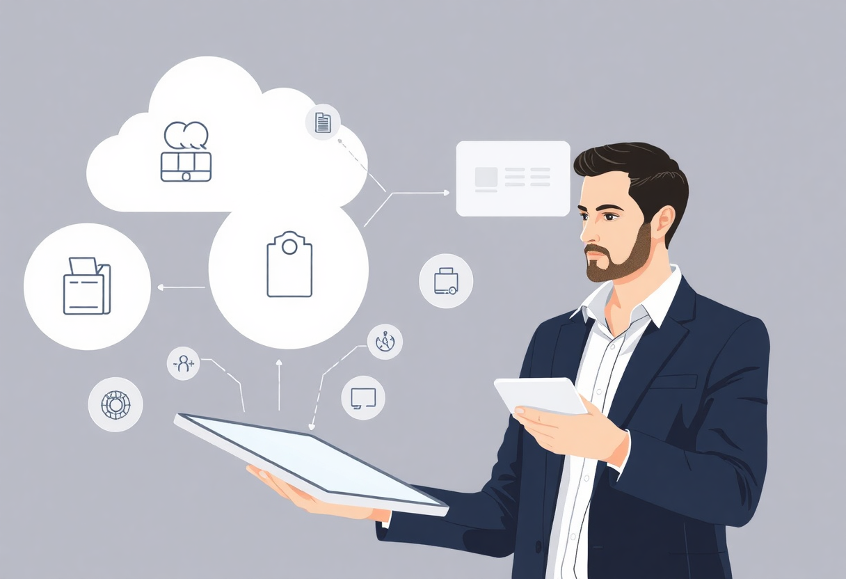 illustration of modern it solutions showing a tablet device with various tech icons and a professional managing digital systems