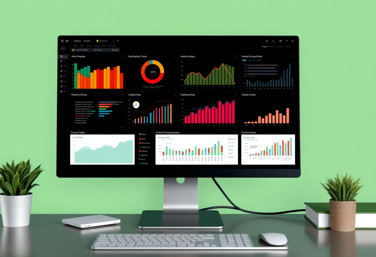 desktop computer displaying various charts and graphs representing full stack development capabilities