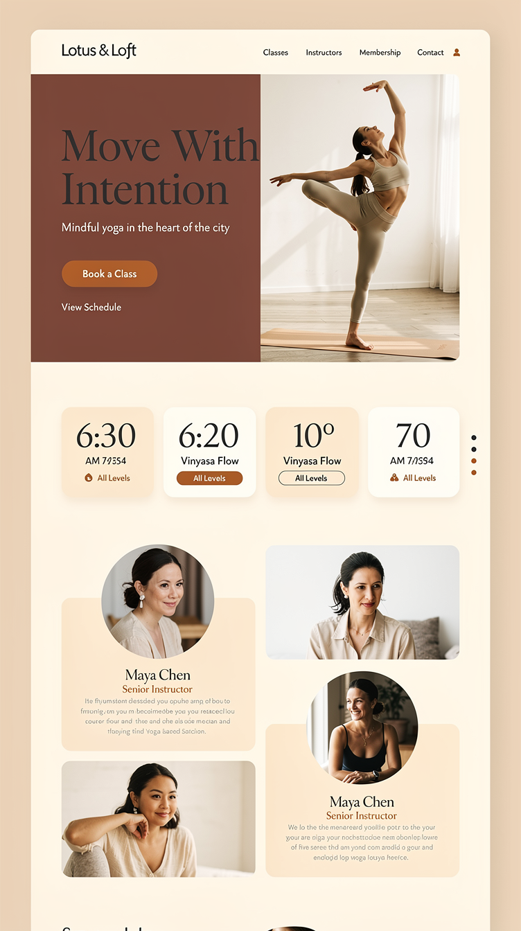 Full-page website mockup for "Lotus & Loft" yoga studio, energetic and modern but warm. Asymmetric split-screen hero: left side deep terracotta color block with a huge display serif headline and CTA, right side a tall portrait photo of a yogi in motion. Palette: burnt orange, terracotta, cream, charcoal text. Following sections: horizontal class schedule cards, instructor bios with circular photos in a staggered layout, three membership pricing tiers with the middle one highlighted in orange, and a bold contact footer. Lots of negative space, oversized numbers for section labels, tactile rounded elements, editorial magazine feel.
