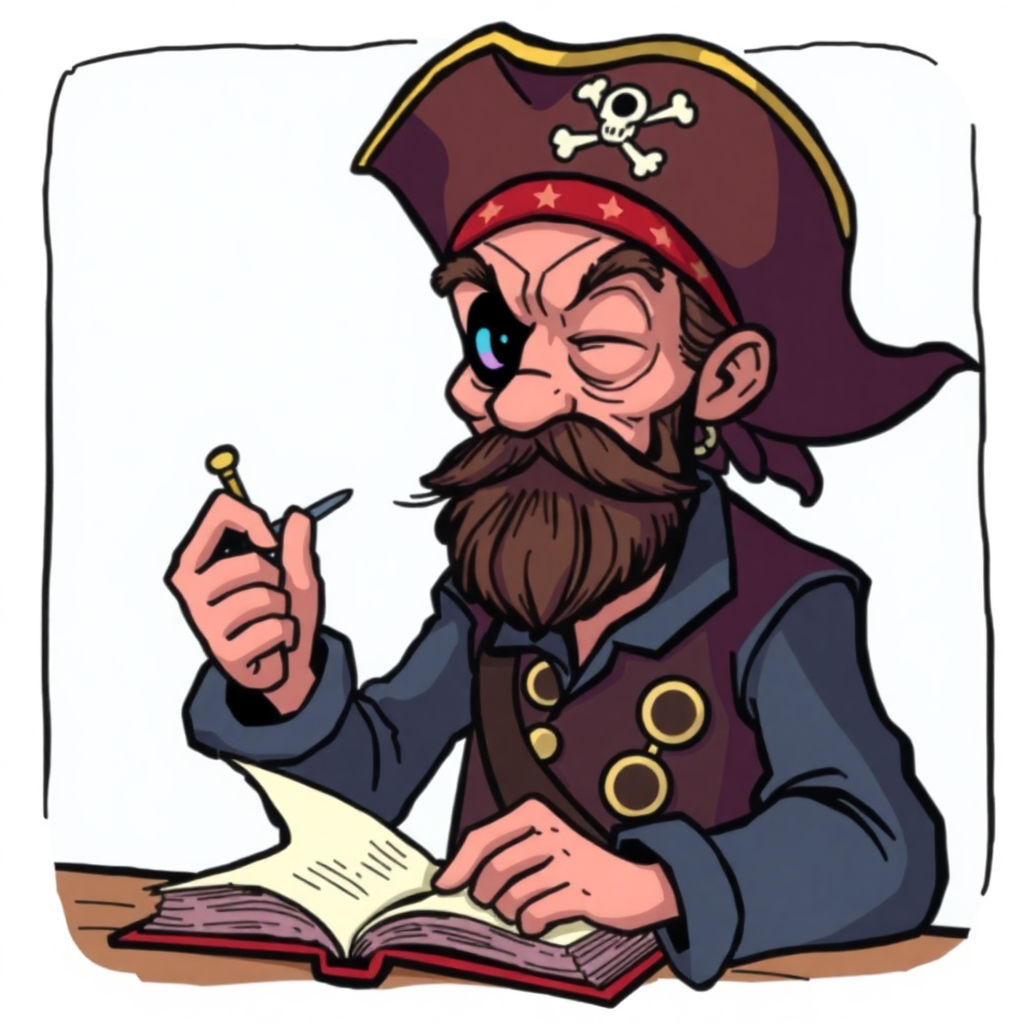 bucaneiro de conteúdo, escritor da pirate crew, usando um tapa-olho e segurando uma pena e pergaminho