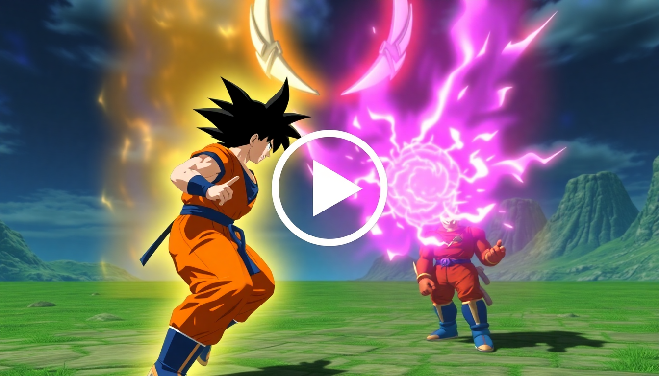 video player showing a scene from dbza with goku facing off against a villain