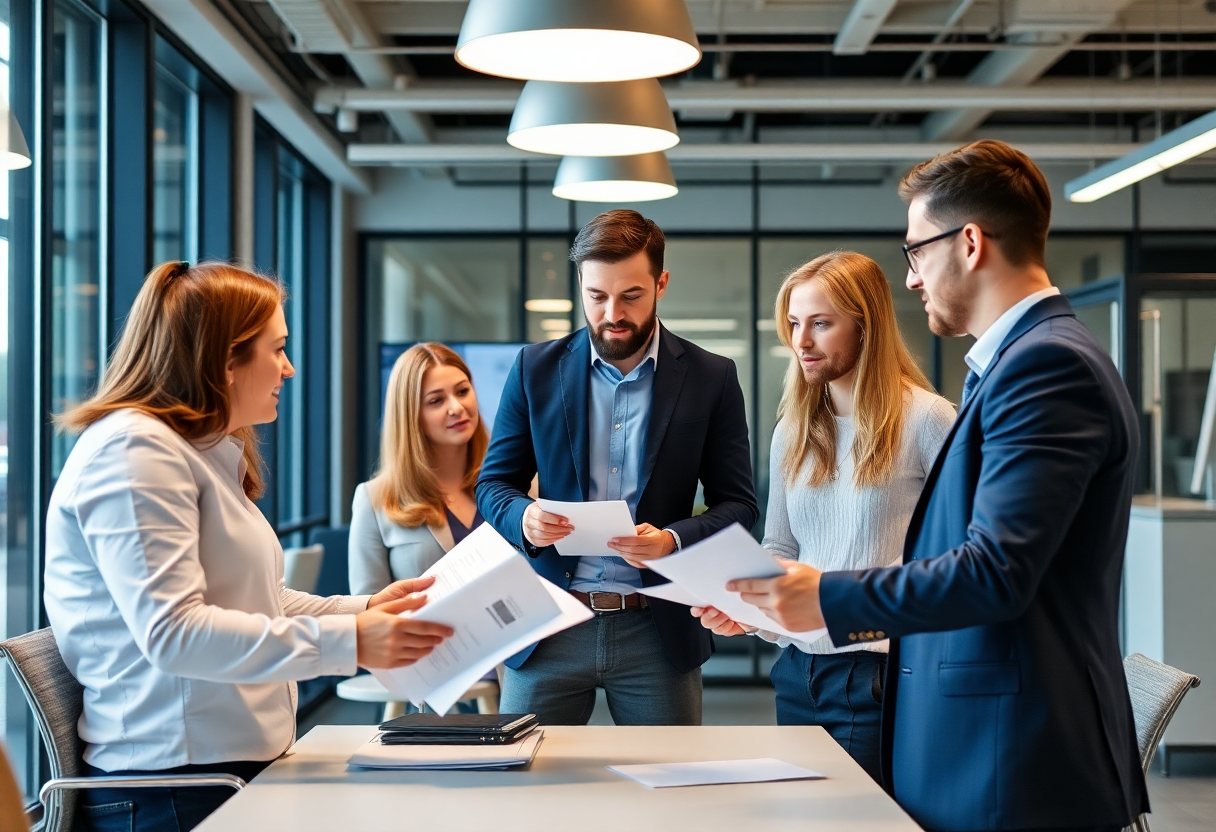 professional trainers discussing course material in a modern office setting