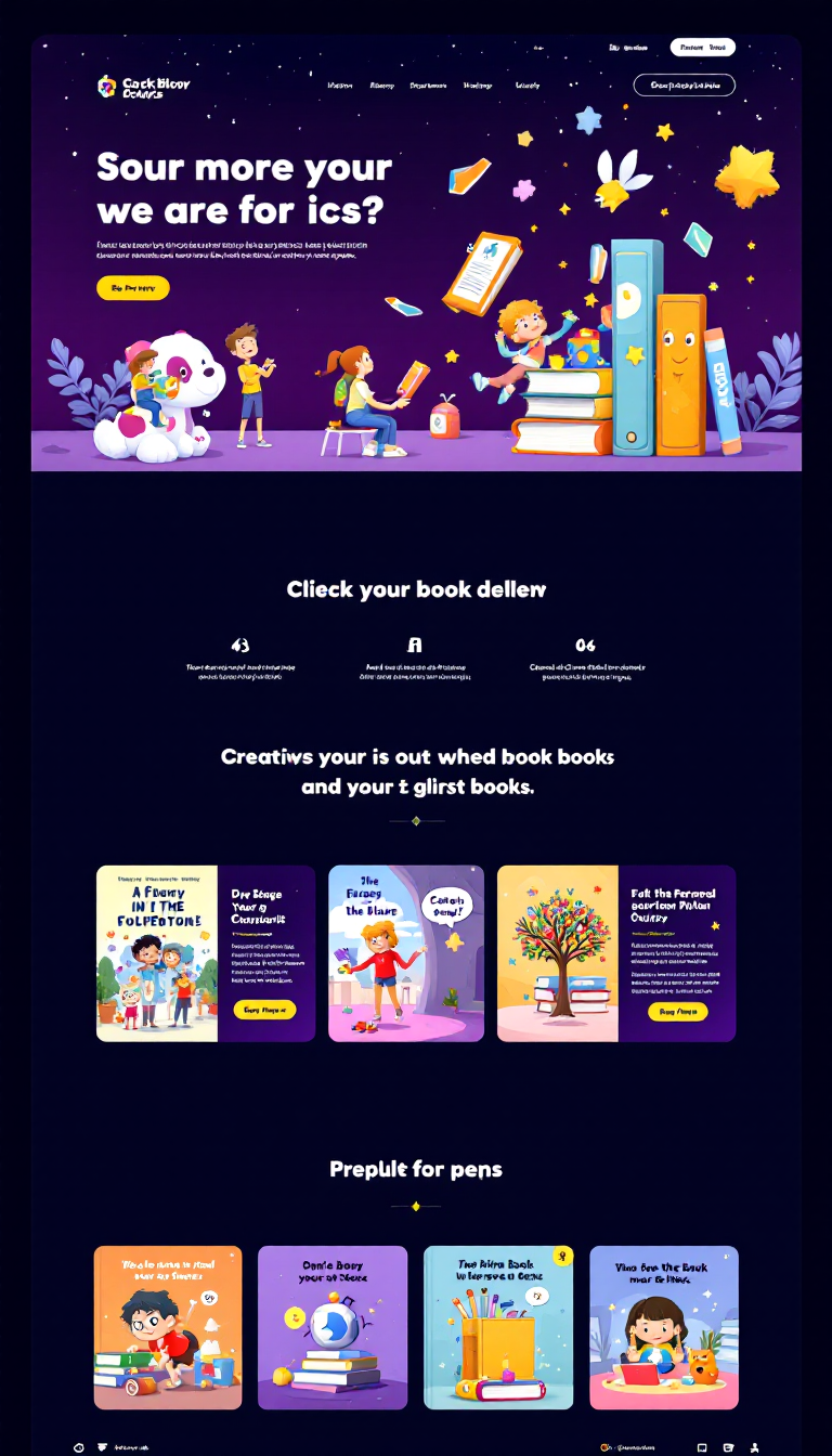 Create a one-page book selling website with a vibrant purple theme, featuring attractive 3D designs and animated cartoon characters. The layout should be clean and engaging, ideal for showcasing a variety of books.