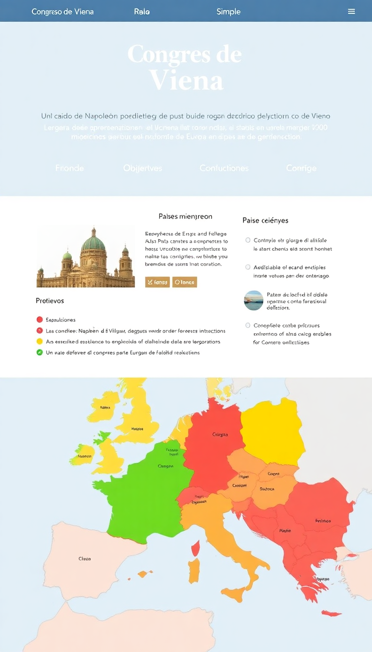 Crea un sitio web simple sobre el Congreso de Viena que incluya secciones como la caída de Napoleón, países miembros, objetivos del congreso, principales resoluciones y un mapa de Europa antes y después del congreso. Además, incluye los nombres de los miembros del equipo.