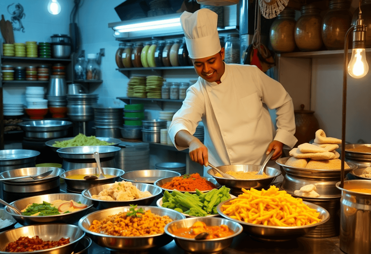 chef preparing traditional indian dishes at bhoothnath shop