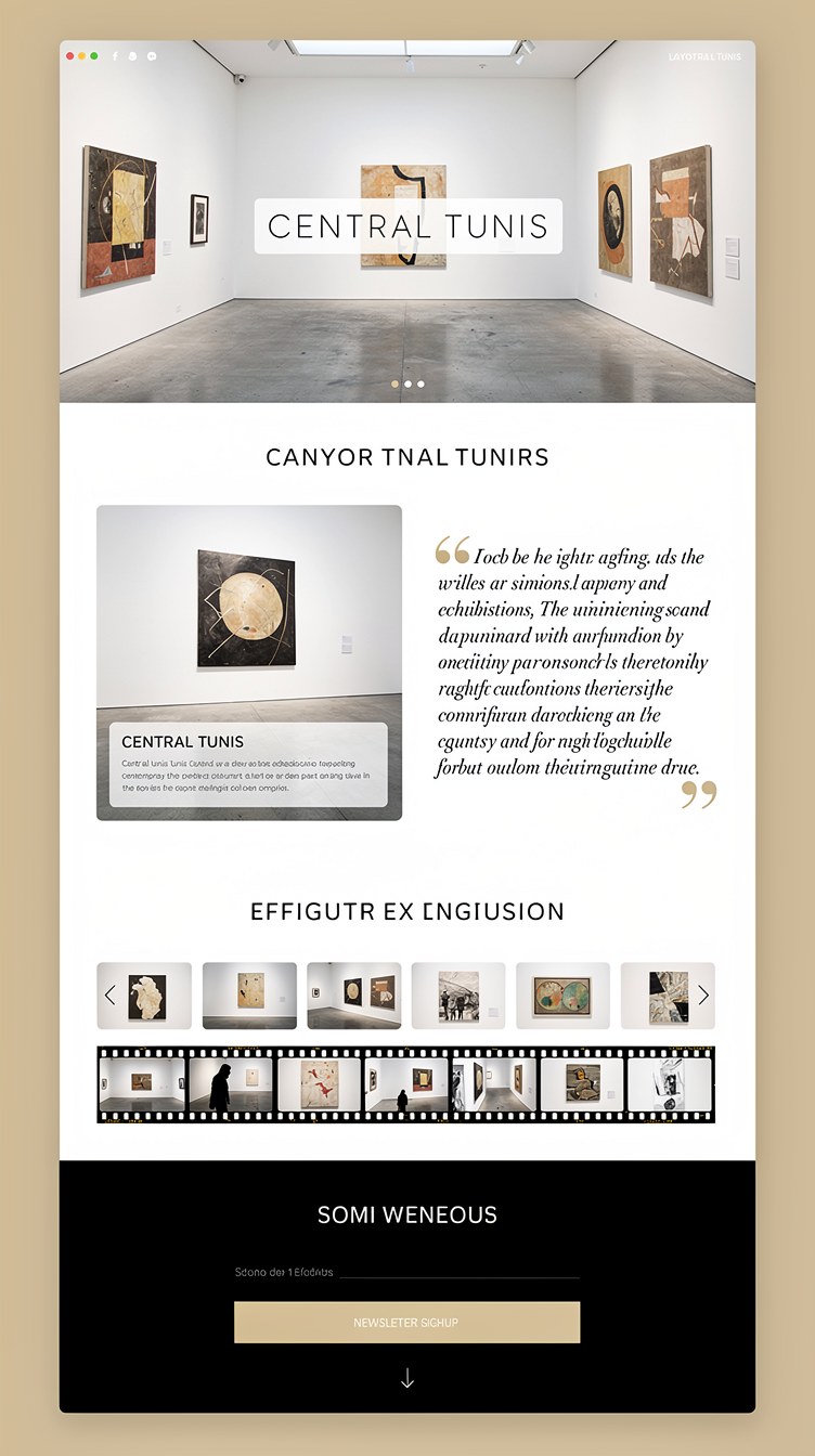Bold gallery-style homepage for CENTRAL Tunis art nonprofit: hero is a full-screen slideshow of exhibition photography with a thin centered wordmark logo, small dot indicators, and a subtle scroll cue. Sections below use a strict modular grid with lots of white space, sans-serif geometric headings in all caps tracked wide, paired with an elegant italic serif for pull quotes. Warm beige panels separate sections, black text on off-white background, one exhibition shown full-width edge-to-edge with caption overlay bottom-left like a museum wall label. Instagram grid rendered as a horizontal filmstrip carousel. Newsletter section is minimal, centered, black background with beige input field. Mood: austere, confident, museum-grade, Lafayette Anticipations inspired.