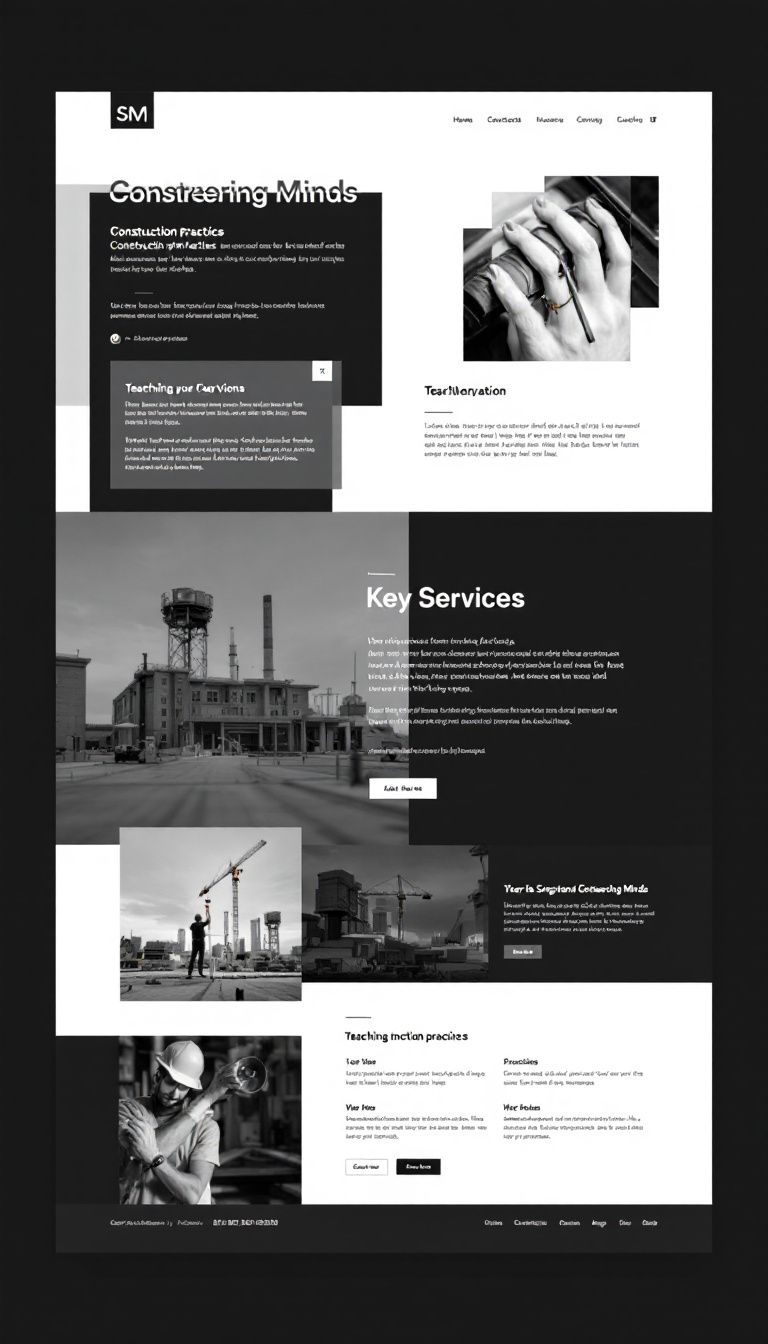 Design a simple one-page website for "Sngineering Minds," a company focused on teaching construction practices. The layout should be clean and professional, highlighting key services and contact information.