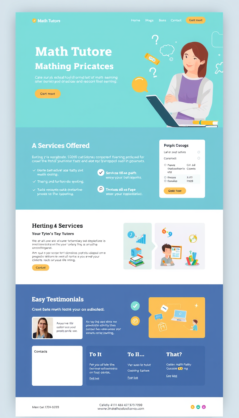 Design a simple, one-page website for math tutoring services, featuring a clean layout, easy navigation, and sections for services offered, testimonials, and contact information. Use an inviting color scheme and graphics related to math and learning.