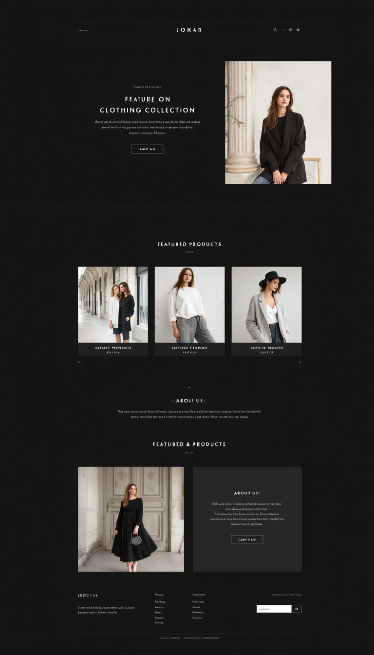 Design a simple one-page website for a clothing brand, featuring a modern layout, elegant typography, and a clean aesthetic that highlights the brand's collections and values. Include sections for featured products, an about us, and contact information.