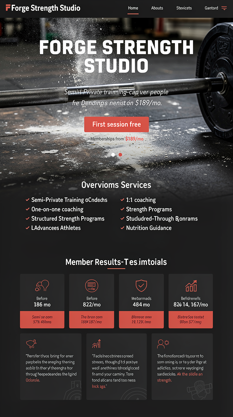 Homepage for Forge Strength Studio in Denver: bold dark one-page layout (black, slate, ember red) with a strong hero pitching semi-private training capped at four, one-on-one coaching, strength programs for beginners through athletes, nutrition guidance, memberships from $189/mo and a prominent "First session free" CTA. Use gritty, authentic gym imagery and textures (barbell, chalk, concrete), strong typography, a member results/testimonials section and minimal icons — no cheesy stock photos.