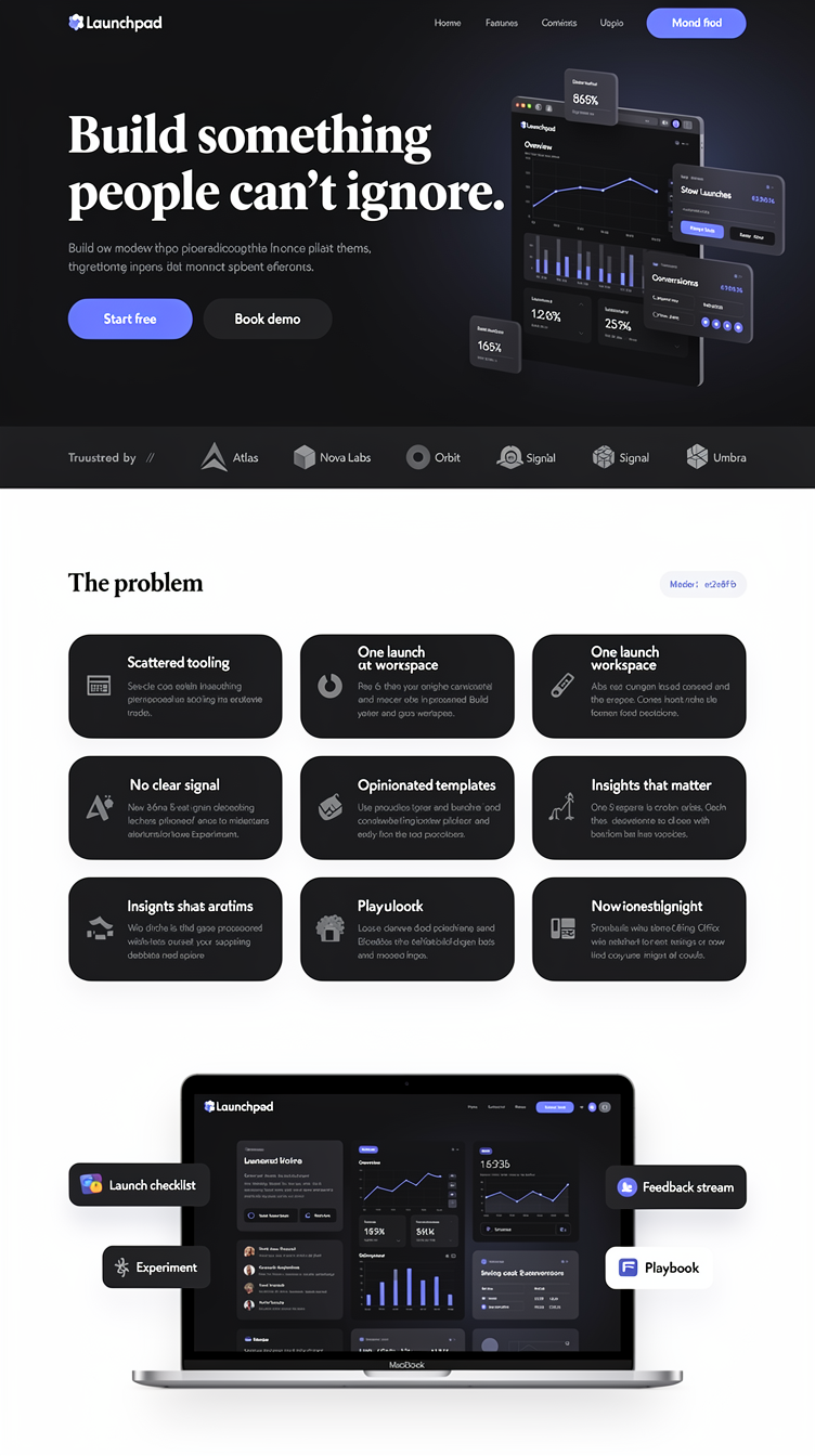 Premium minimalist SaaS landing page for "Launchpad", a launch/build platform. Midnight palette: near-black #0f172a backgrounds and text, slate #1e293b panels, soft off-white #e2e8f0 background, with one sophisticated indigo-blue accent used sparingly for CTAs and highlights. Hero has huge confident serif-meets-sans display headline "Build something people can't ignore.", subtext, two buttons, and a clean isometric-style browser dashboard mockup with cards and charts floating beside it. Generous whitespace, rounded 16px cards, subtle shadows, no gradients or glassmorphism. Sections below: logo social-proof row, three-column problem cards, an asymmetric features layout mixing large and small cards, a big browser mockup showcase with floating UI chips, a 3-step numbered how-it-works, testimonial cards, two pricing cards, FAQ accordion, and a bold closing CTA band. Clean grid, strong typographic hierarchy, editorial tech-studio feel.