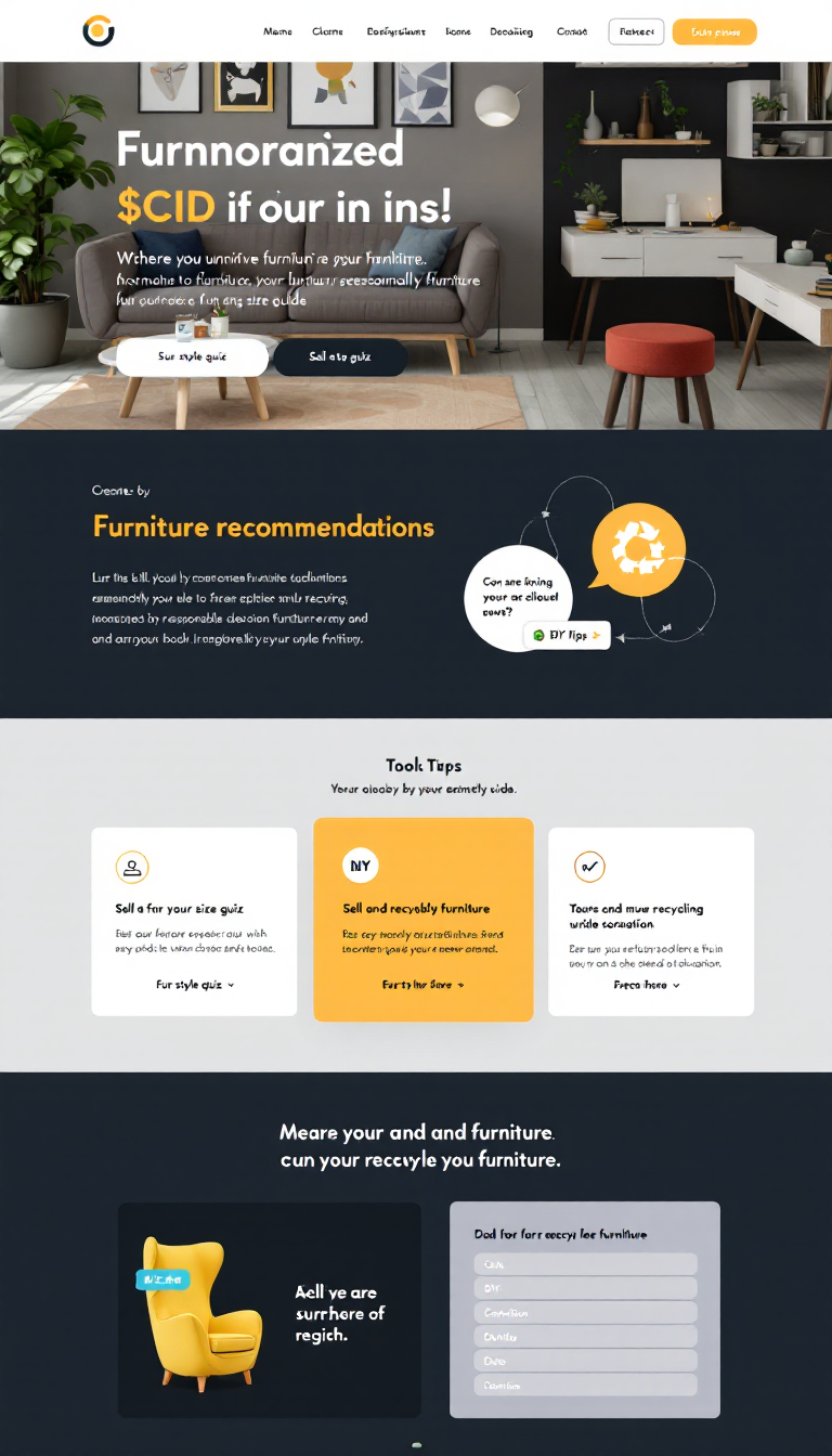 Create a simple one-page website that offers personalized furniture recommendations based on user preferences and budgets, featuring a fun style quiz and size guide. Include tools for selling and recycling furniture, with condition assessments and price suggestions, alongside DIY tips and eco-friendly options like sustainability badges and donation information. Ensure a user-friendly interface with interactive elements for an engaging experience.